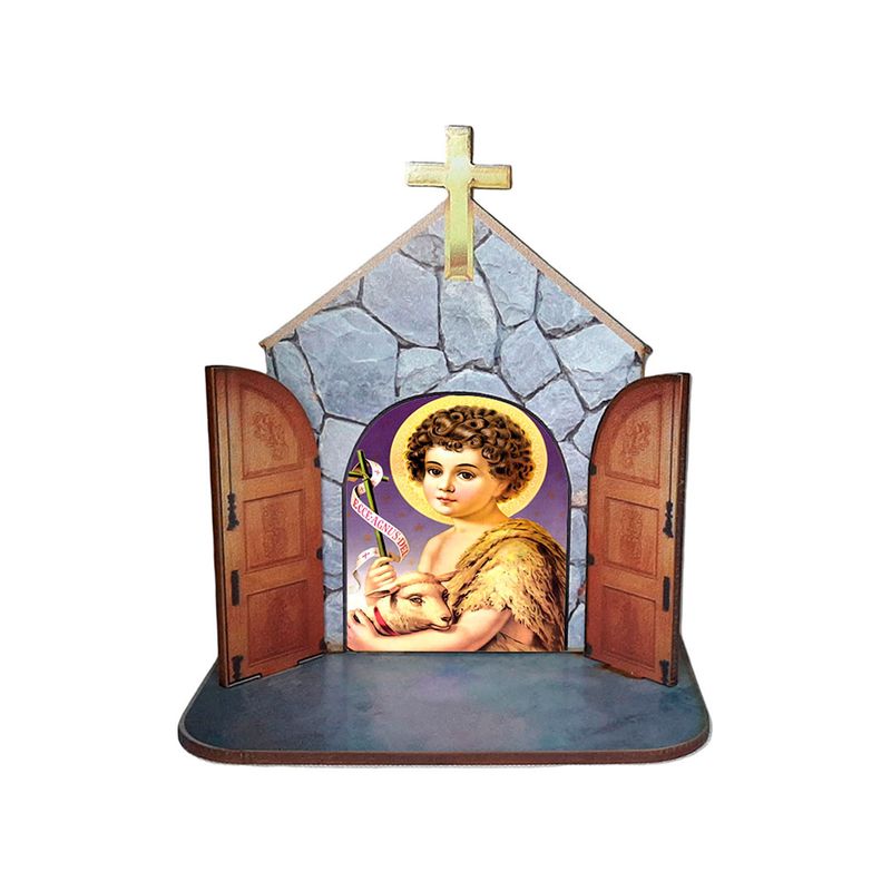 Mini Capela Oratório Display Enfeite de Mesa São João 12cm Mdf Madeira