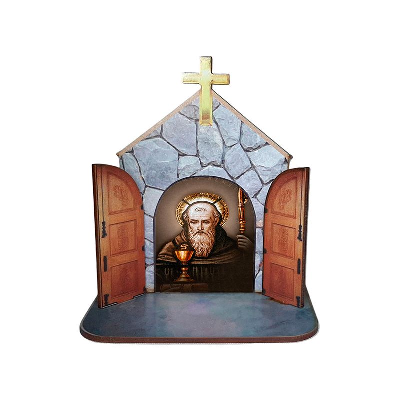 Mini Capela Oratório Display Enfeite de Mesa São Bento 12cm Mdf Madeira