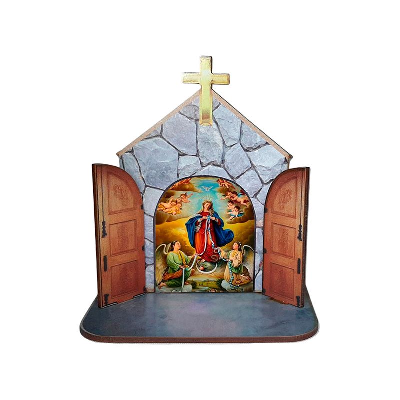Mini Capela Oratório Display Enfeite de Mesa Nossa Senhora Desatadora de Nós 12cm Mdf Madeira