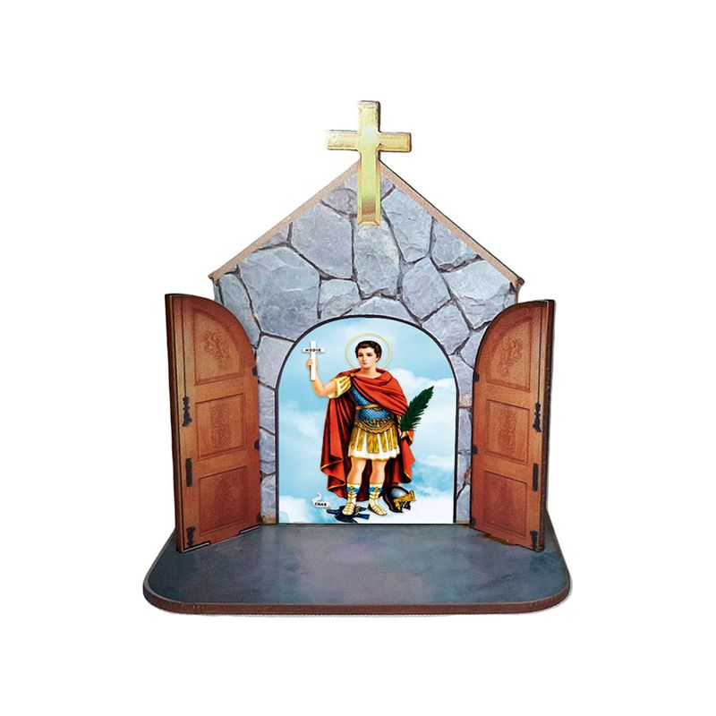 Mini Capela Oratório Display Enfeite de Mesa Santo Expedito 12cm Mdf Madeira
