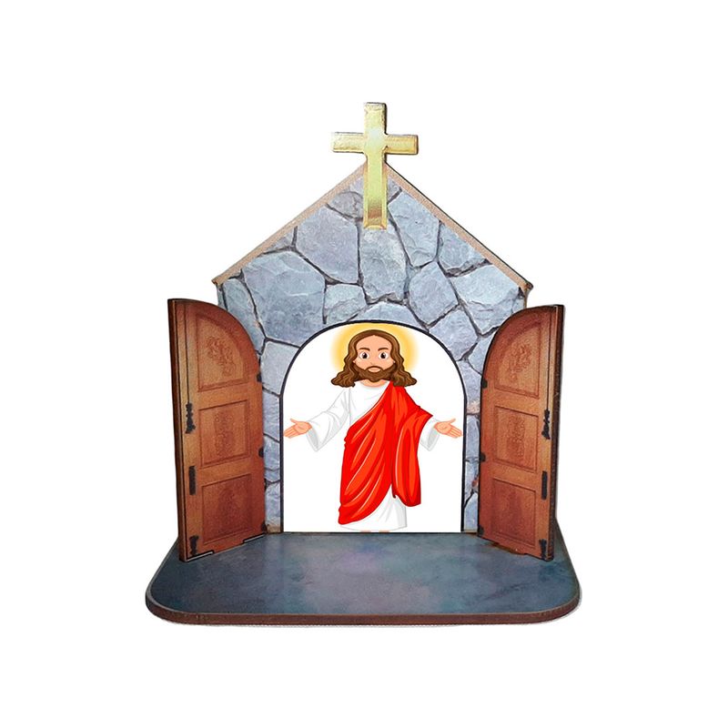 Mini Capela Oratório Display Enfeite de Mesa Jesus Cristo Mod1 12cm Mdf Madeira