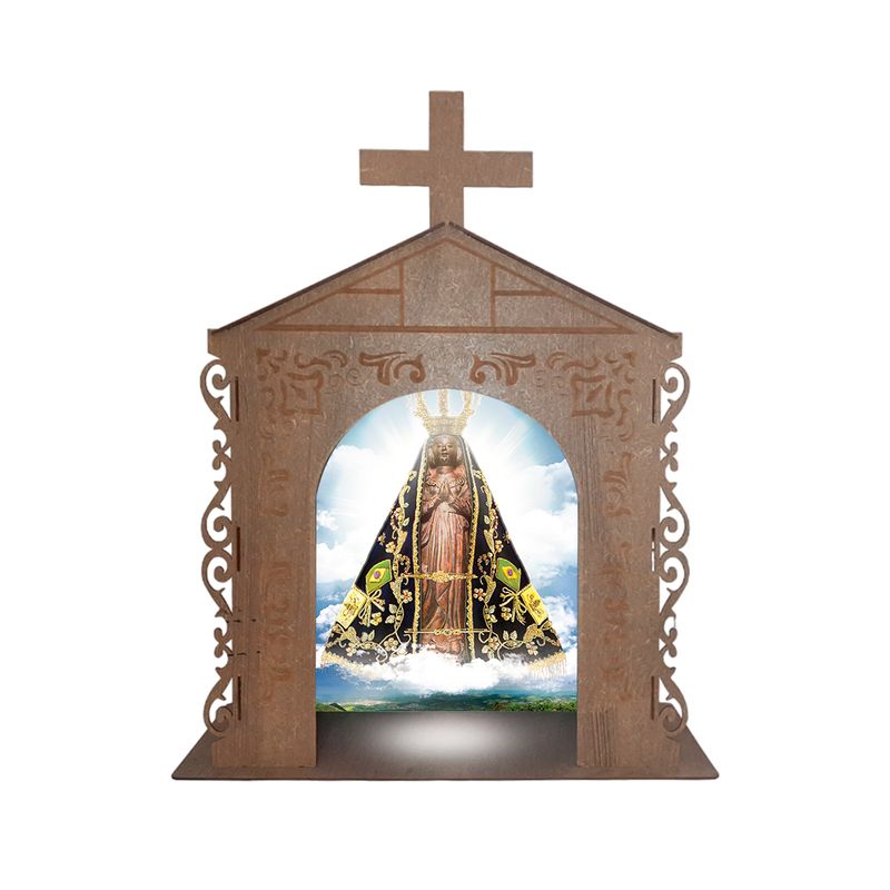 Capela Oratório Arabesco com Led e Imagem Nossa Senhora Aparecida 36x19x45 Mdf Madeira Imbuia