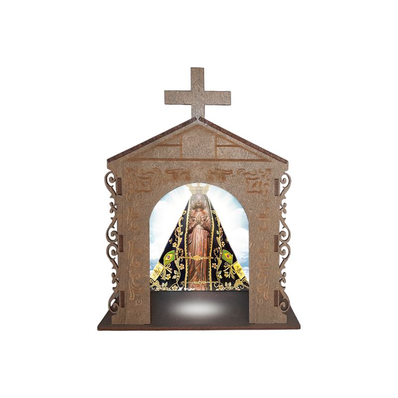 Capela Oratório Arabesco com Led e Imagem Nossa Senhora Aparecida 16x11x20 Mdf Madeira Imbuia