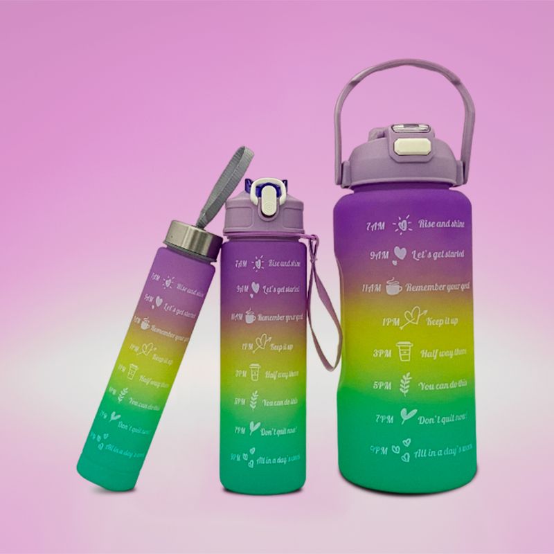 Kit 3 Garrafa Motivacional Água Alça Squeeze Academia Adesivo 3d LILÁS