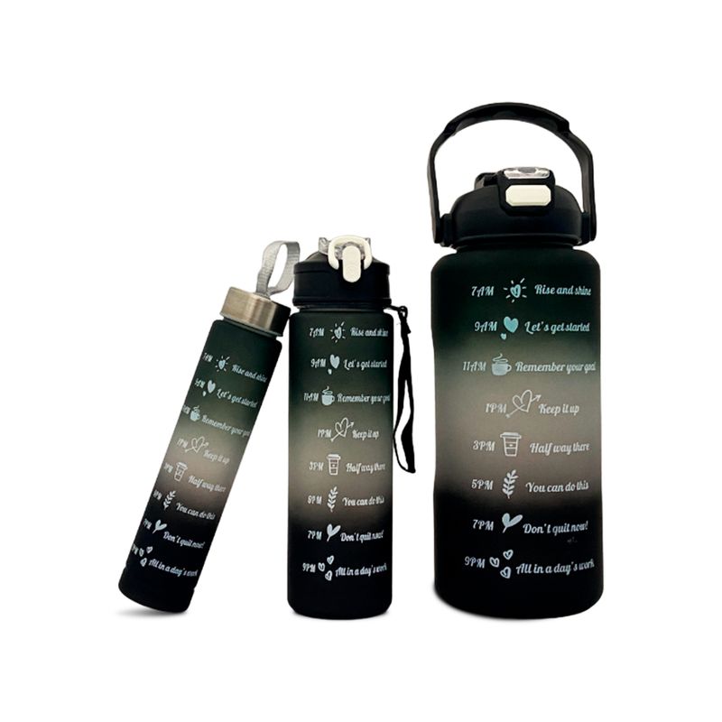 Kit 3 Garrafa Motivacional Água Alça Squeeze Academia Adesivo 3d PRETO