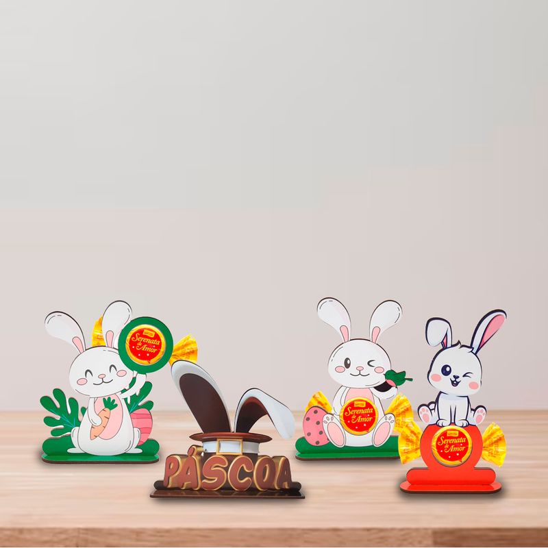 Totens de Mesa Porta Bombom Coelhinho da Páscoa com 4 Displays Lembrancinha Decoração