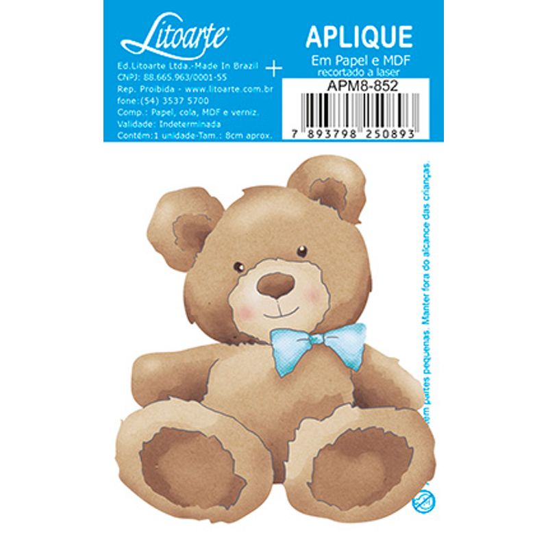 Aplique Decoupage Ursinho Laço Apm8-852 em Papel e Mdf 8cm Litoarte