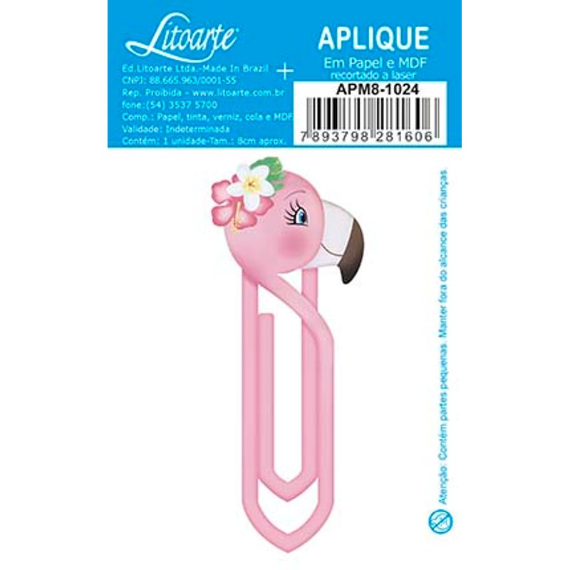 Aplique Decoupage Clip Flamingo APM8-1024 em Papel e MDF 8cm Litoarte