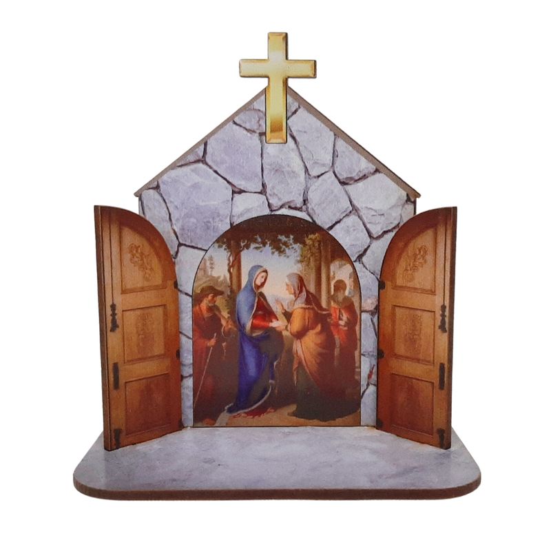 Mini Capela Oratório Display Enfeite de Mesa Nossa Senhora da Visitação 12cm Mdf Madeira