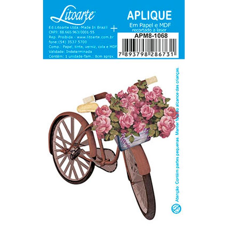 Aplique Decoupage Bicicleta com Rosas Apm8-1068 em Papel e Mdf 8cm Litoarte