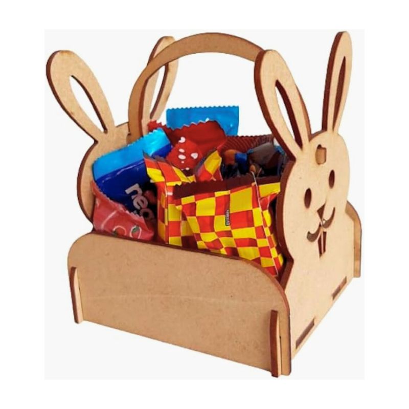 Cesta Bandeja com Alça Coelho Páscoa 8x8x8 Mdf Madeira