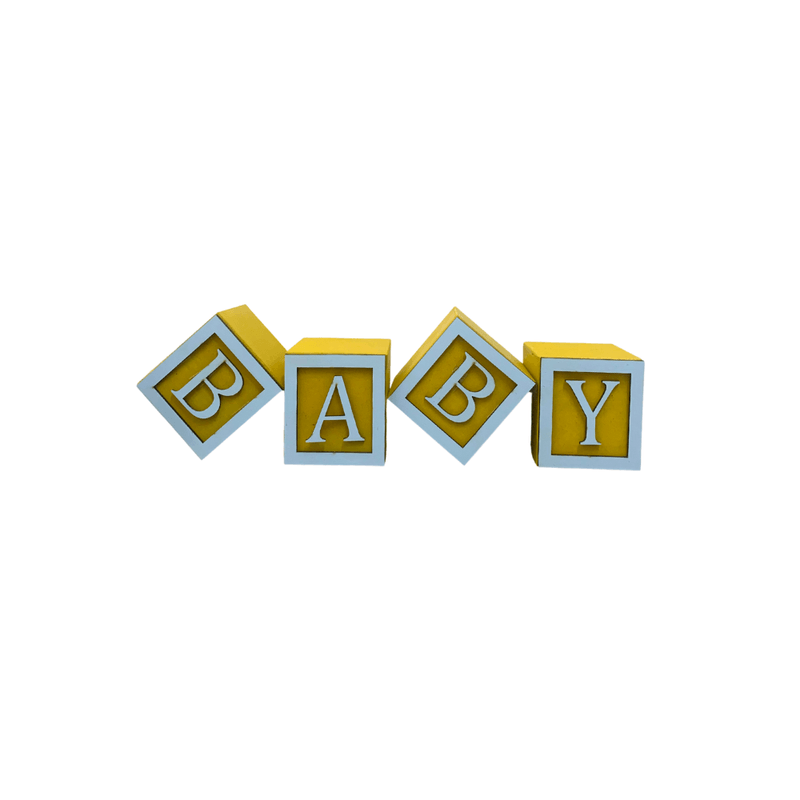 Cubo Amarelo Letra Azul Bebê com Aplique Festa Chá de Bebê Decoração 8x8x8 Cm Mdf Madeira LETRA A