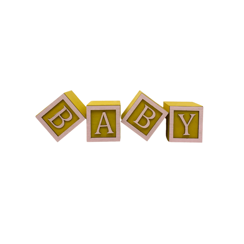 Cubo Amarelo Letra Rosa Bebê com Aplique Festa Chá de Bebê Decoração 8x8x8 Cm Mdf Madeira LETRA A