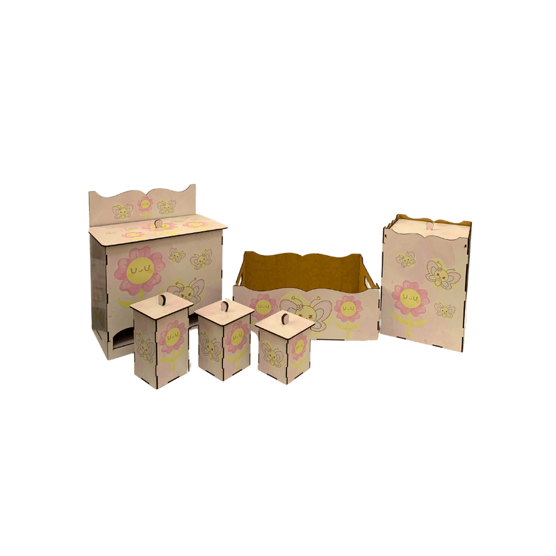 Kit Higiene Bebê 6 Peças em Madeira Mdf Adesivado Borboleta com Rosa