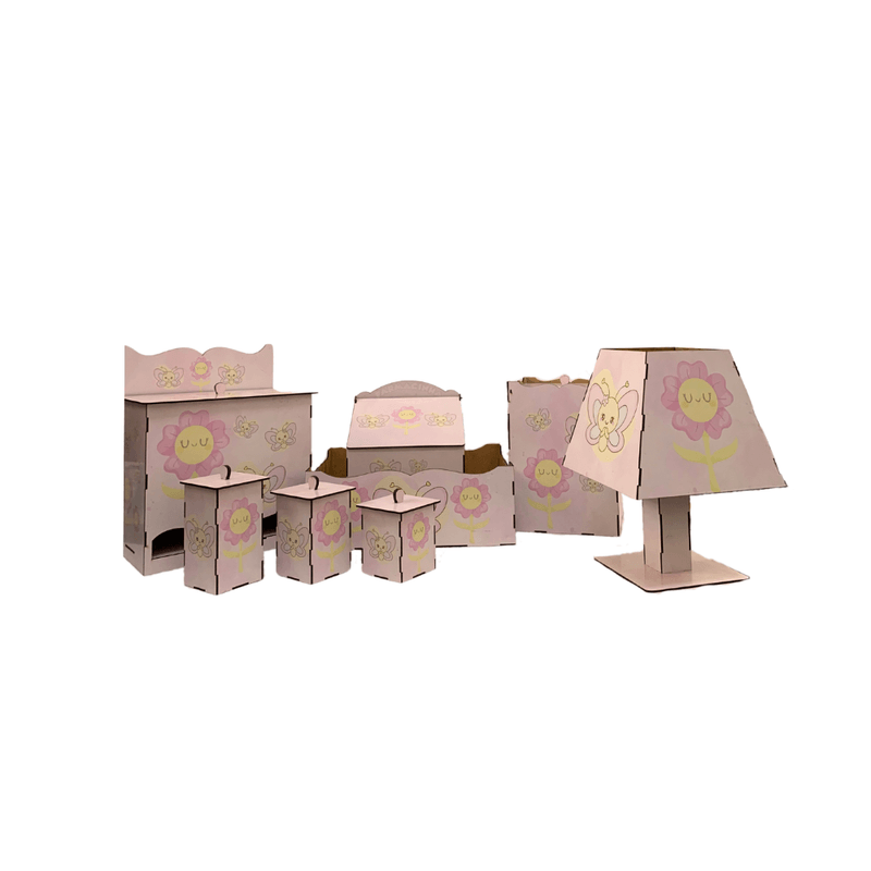 Kit Higiene Bebê com Abajur e Farmacinha 8 Peças em Madeira Mdf Adesivado Borboleta com Rosa