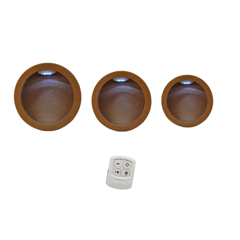 Trio de Nicho Redondo Simples 23x9/ 30x10/ 37x12 Acompanha Kit 3 Led Brancos e Controle Madeira Mdf