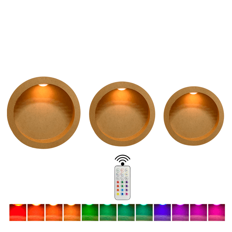 Trio de Nicho Redondo Simples 23x9/ 30x10/ 37x12 Acompanha Kit 3 Led Colorido e Controle Madeira Mdf