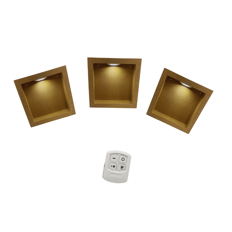 Trio de Nicho Quadrado Simples 24x12 Acompanha Kit de 3 Led Branco com Controle Mdf Madeira