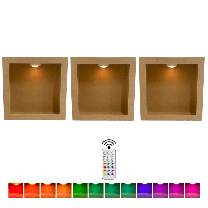 Trio de Nicho Quadrado Simples 31x12 Acompanha Kit de 3 Led Colorido com Controle Mdf Madeira