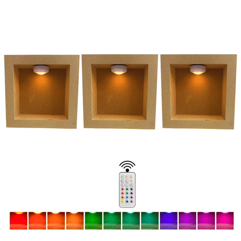 Trio Quadro Cenário sem Vidro 26x26x9 Acompanha Kit de 3 Led Colorido Decoração Sala Madeira Mdf