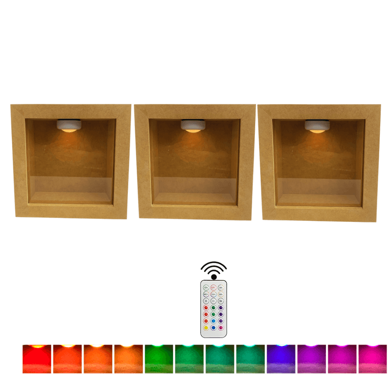Trio Quadro Cenário com Vidro 26x26x9 Acompanha Kit de 3 Led Colorido Decoração Sala Madeira Mdf