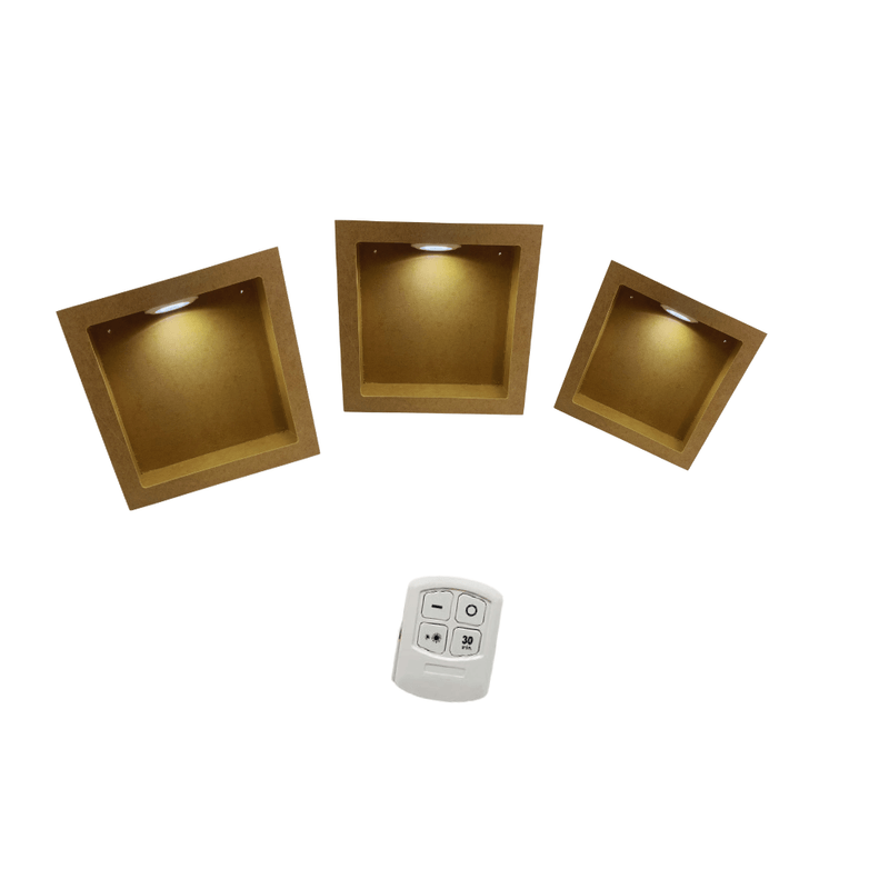Trio de Nicho Quadrado Simples 24x12/ 31x12/ 37x12 Acompanha Kit de 3 Led Branco com Controle Mdf