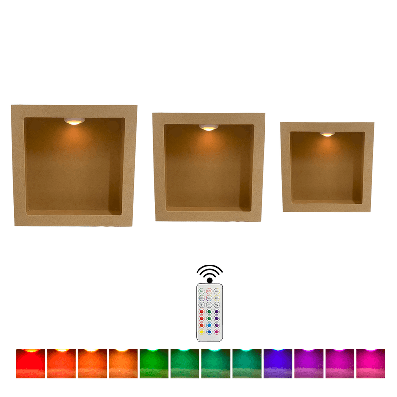 Trio de Nicho Quadrado Simples 24x12/ 31x12/ 37x12 Acompanha Kit de 3 Led Colorido com Controle Mdf