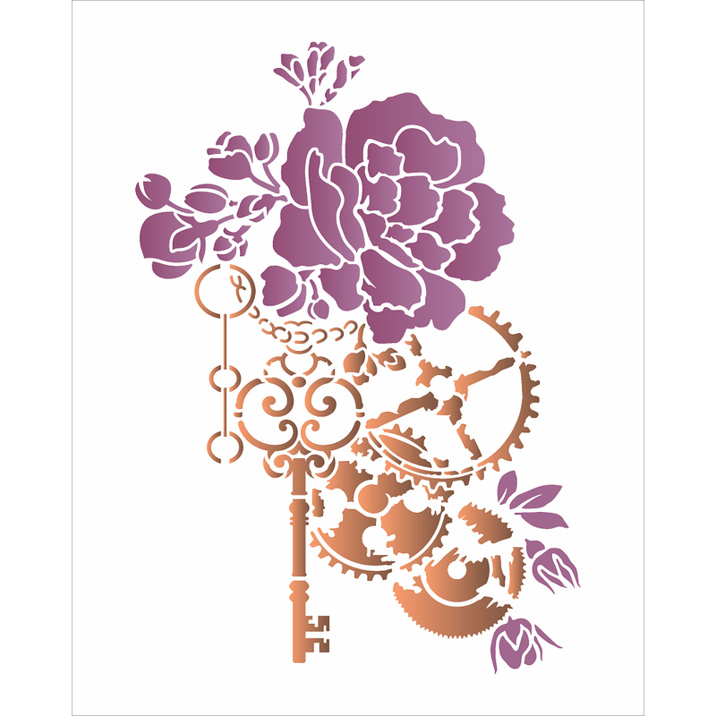Stencil Pintura Steampunk Art Rosa e Engrenagem 3116 20x25 Opa