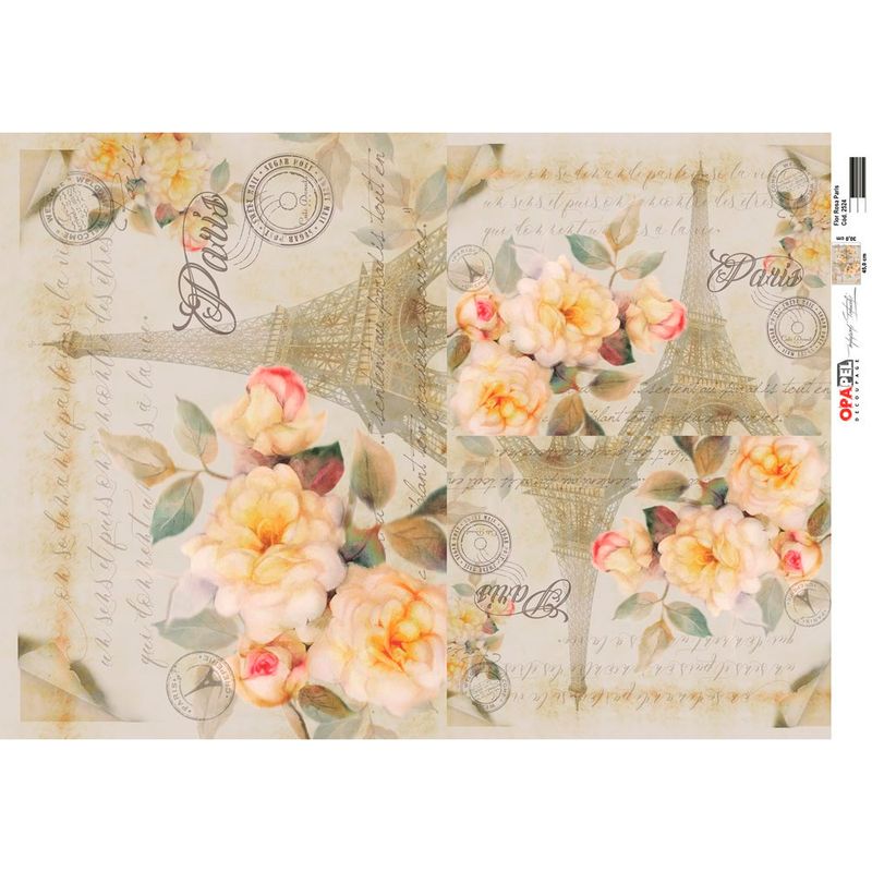 Papel Decoupage Opapel 30x45cm 2524 - Flor Rosa Paris Kit 5 Unid Opa