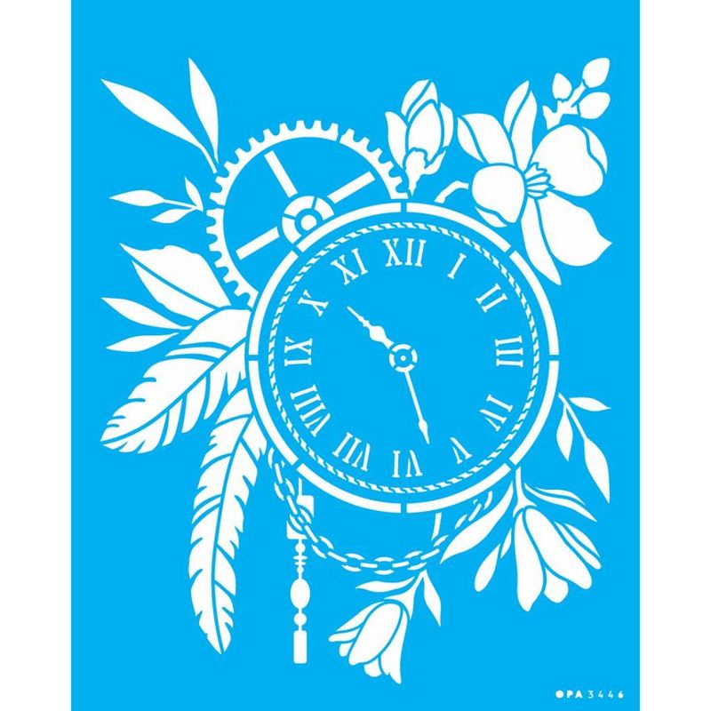 Stencil Pintura Steampunk Art Relogio com Flores 3446 20x25 Opa