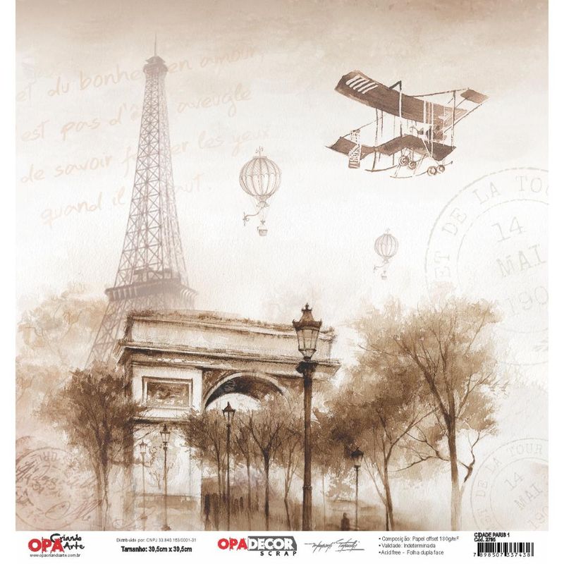 Papel Scrapbook Opadecor Cidade Paris 1 30,5x30,5 3253 Opa