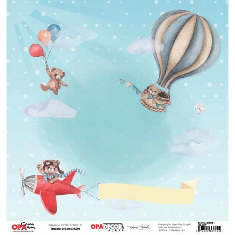 Papel Scrapbook Opadecor Infantil Ursos 30,5x30,5 3253 Opa