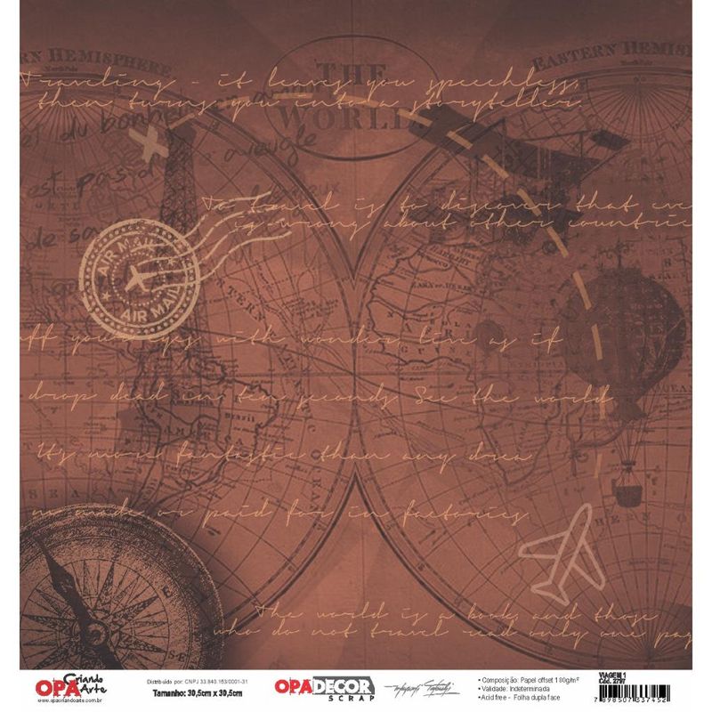 Papel Scrapbook Opadecor Viagem 1 30,5x30,5 3253 Opa