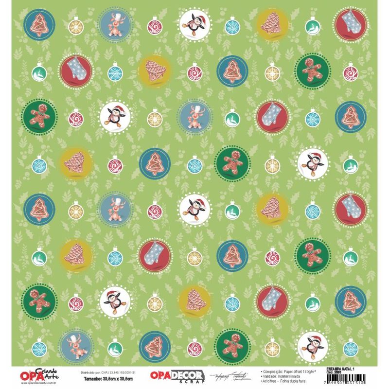 Papel Scrapbook Opadecor Estampa Natal 1 30,5x30,5 2803 Opa