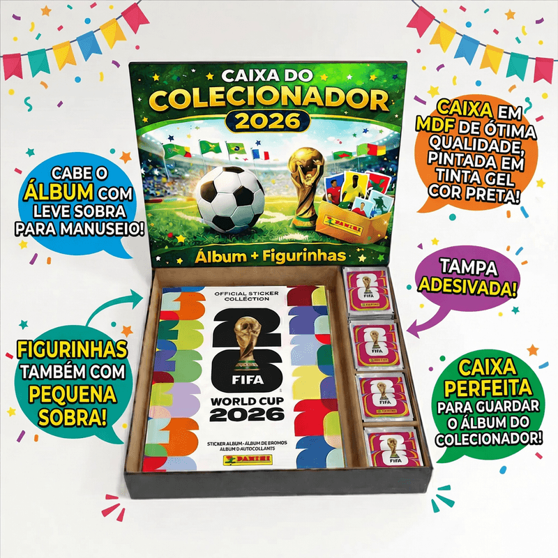 Caixa Porta Álbum Copa 2026 + Figurinhas Mdf 31x29,5x5,5cm Tampa Adesivada Alta Qualidade
