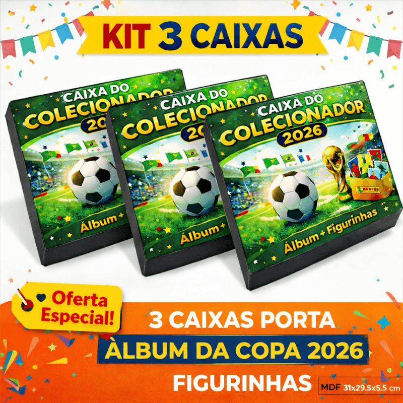 Caixa Porta Álbum Copa 2026 + Figurinhas Mdf Kit 3 Unidade 31x29,5x5,5cm Tampa Adesivada