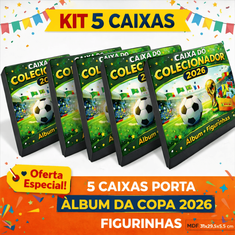 Caixa Porta Álbum Copa 2026 + Figurinhas Mdf Kit 5 Unidade 31x29,5x5,5cm Tampa Adesivada